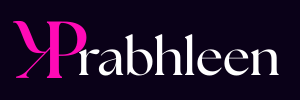 Stylish logo with the name “Prabhleen” in a modern font featuring pink and white text on a dark background.
