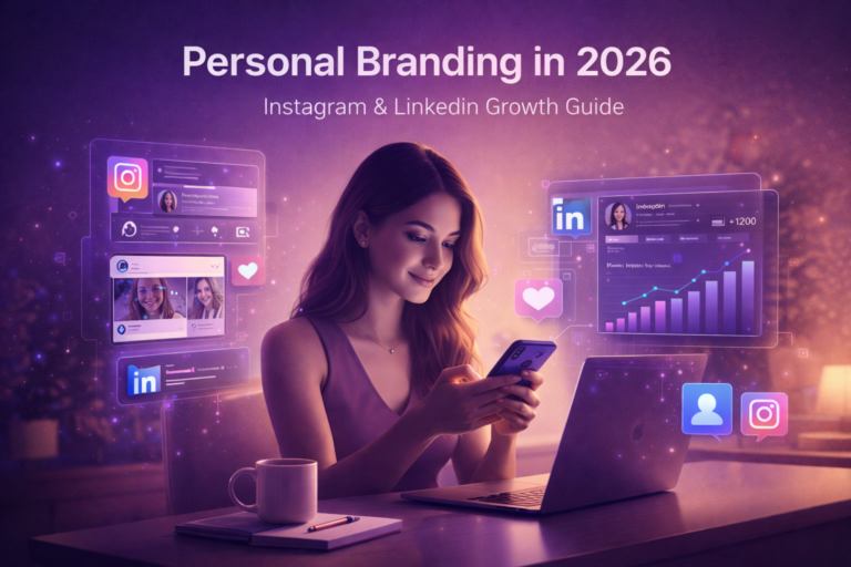 Woman using smartphone for Instagram and LinkedIn personal branding growth strategy in 2026