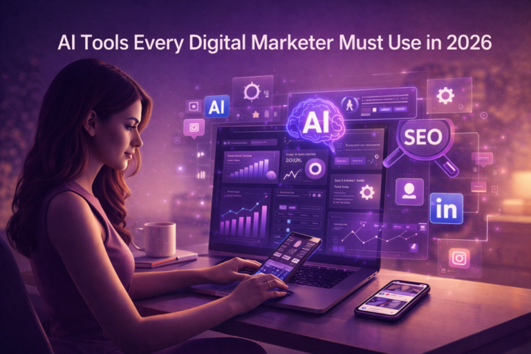 Digital marketer using AI tools for SEO analytics and social media growth on laptop in 2026