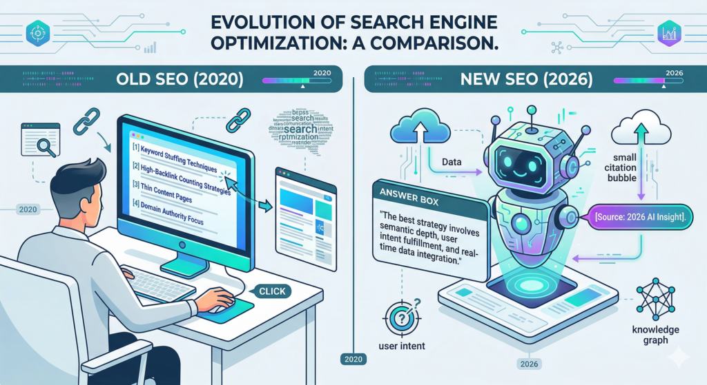 A side-by-side comparison infographic illustrating search optimization. The left side (2020) features a person clicking blue links like "Keyword Stuffing" on a monitor, marked "OLD SEO." The right side (2026) shows an AI robot providing a cited answer directly with a small citation bubble, labeled "NEW SEO." A large title reads "EVOLUTION OF SEARCH ENGINE OPTIMIZATION: A COMPARISON." The style is a clean, corporate tech illustration with blues, teals, and light purples.