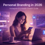 Woman using smartphone for personal branding with Instagram and LinkedIn growth analytics on screen