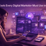 Digital marketer using AI tools for SEO, analytics, and social media marketing on laptop and mobile