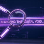 A 3D render with a futuristic, minimalist tech aesthetic features a glowing digital magnifying glass hovering above a holographic search bar. Both elements are glowing with vibrant neon purple light, and the search bar has the text "SEARCHING THE DIGITAL VOID..." inside a glowing input field. To the right, a glowing mouse cursor clicks in thin air within the dark navy blue and purple environment.