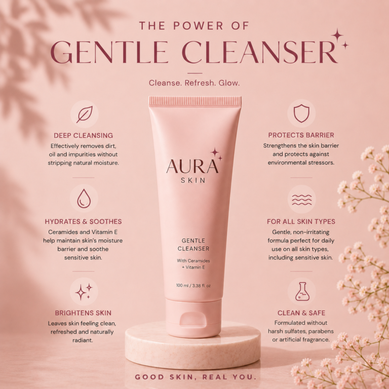 Elegant blush pink Instagram post showcasing Aura Skin Gentle Cleanser on a marble platform with floral accents. The educational design highlights deep cleansing, skin barrier protection, hydration, brightening benefits, and suitability for all skin types.