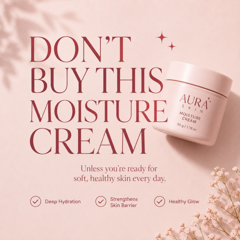 Bold skincare advertisement for Aura Skin Moisture Cream featuring large serif typography and a tilted product jar. The blush pink design emphasizes deep hydration, skin barrier support, and healthy glow with a curiosity-driven marketing message