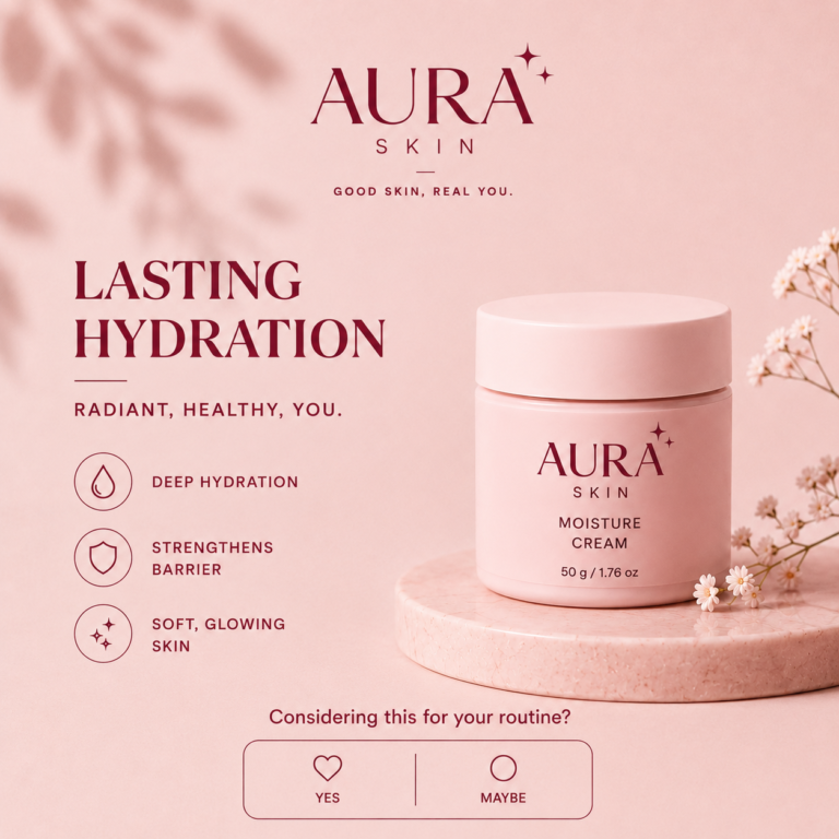 Minimal luxury skincare Instagram post featuring Aura Skin Moisture Cream on a marble pedestal with floral elements and a blush pink background. The design highlights deep hydration, stronger skin barrier, and healthy glowing skin, accompanied by a poll asking users if they would add the cream to their routine.