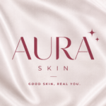 Aura Skin logo featuring a luxury serif font and the tagline "Good Skin, Real You" on a silk background.