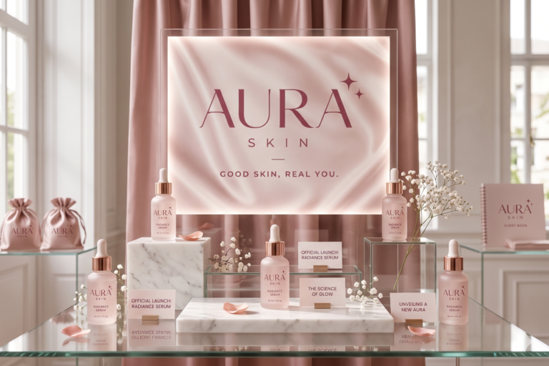 Luxury skincare product display featuring Aura Skin Radiance Serum bottles arranged on marble and glass platforms with blush pink curtains, floral accents, and elegant branding. The premium setup showcases a high-end product launch and visual merchandising concept.