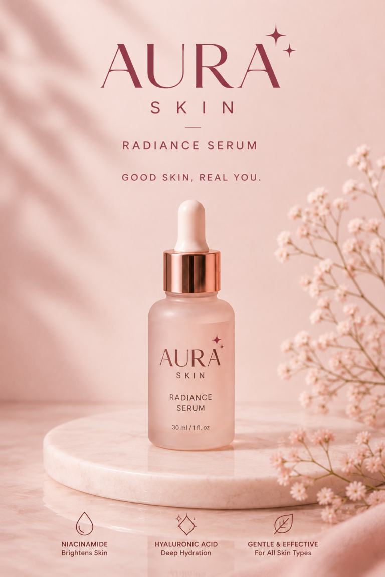 Minimal luxury skincare poster featuring the Aura Skin Radiance Serum displayed on a marble pedestal against a soft blush pink background with delicate baby's breath flowers. The design highlights Niacinamide, Hyaluronic Acid, and a gentle formula suitable for all skin types.