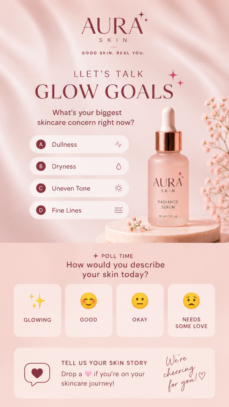 Interactive Instagram story design for Aura Skin featuring the Radiance Serum in a blush pink aesthetic. The story includes skincare concern polls, emoji-based skin mood options, and engagement prompts designed to increase audience interaction.