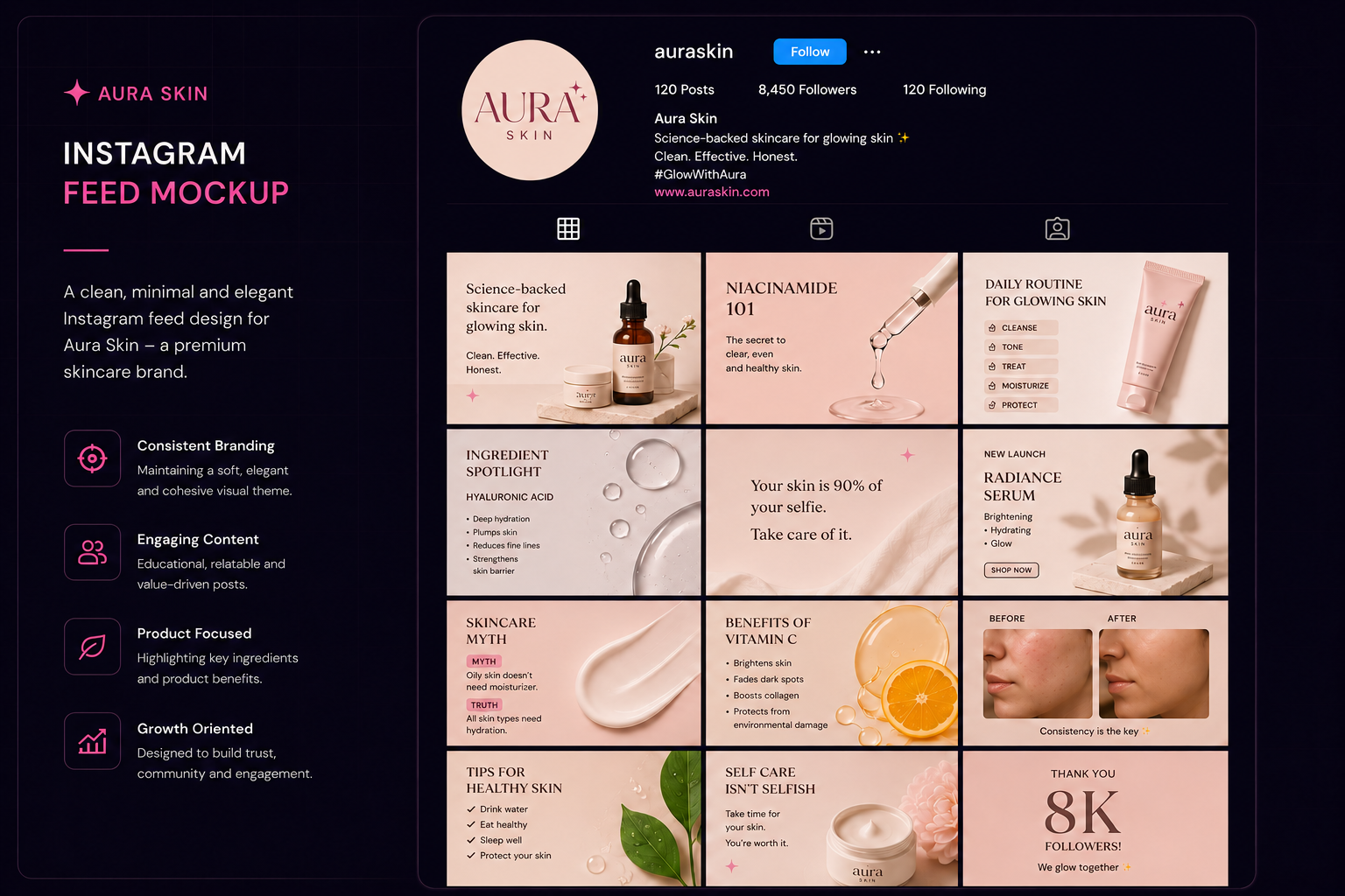 Instagram feed mockup for Aura Skin showcasing skincare educational posts, product highlights, and aesthetic branding.