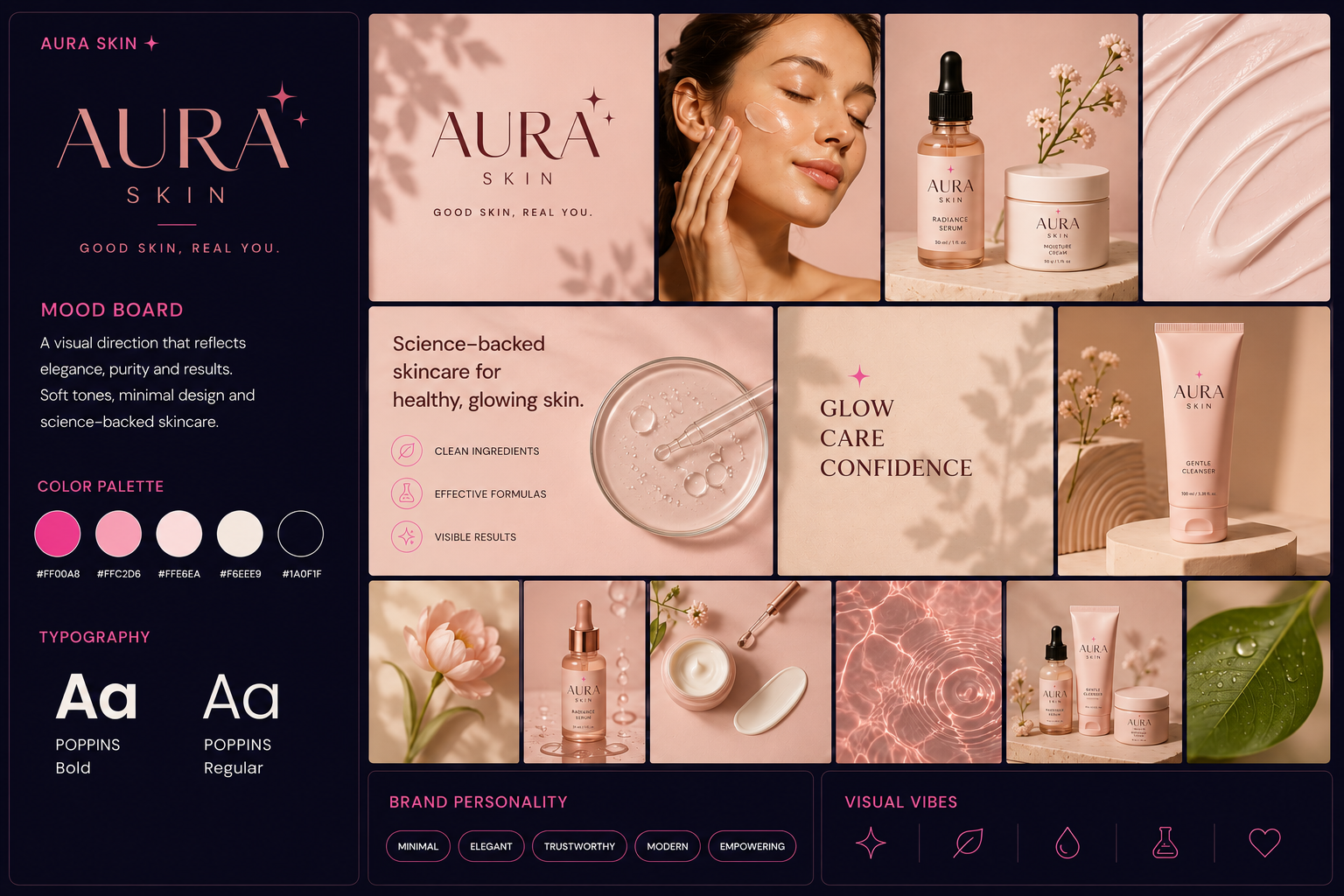 Aura Skin mood board featuring color palette, typography, skincare imagery, and premium brand aesthetics.