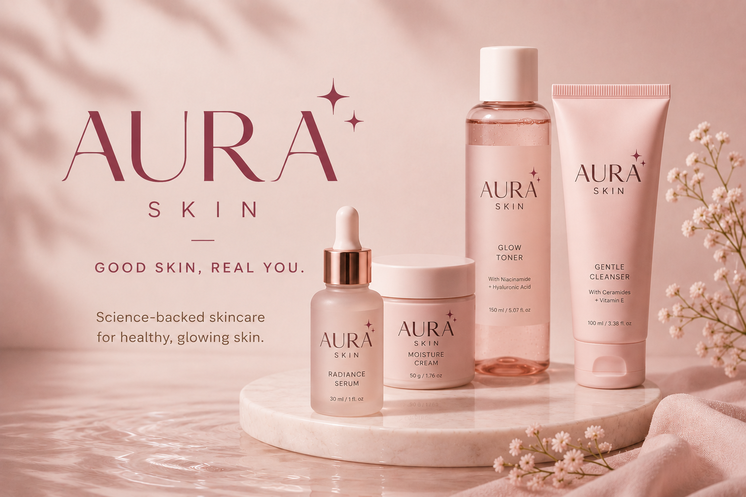 Premium skincare collection for Aura Skin featuring toner, serum, moisturiser, and cleanser in soft pink packaging.